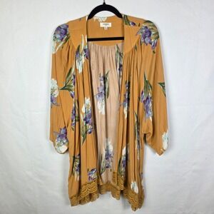 Umgee Womens M/L Open Front Kimono Cardigan Mustard Floral Lace Trim Hippie Boho